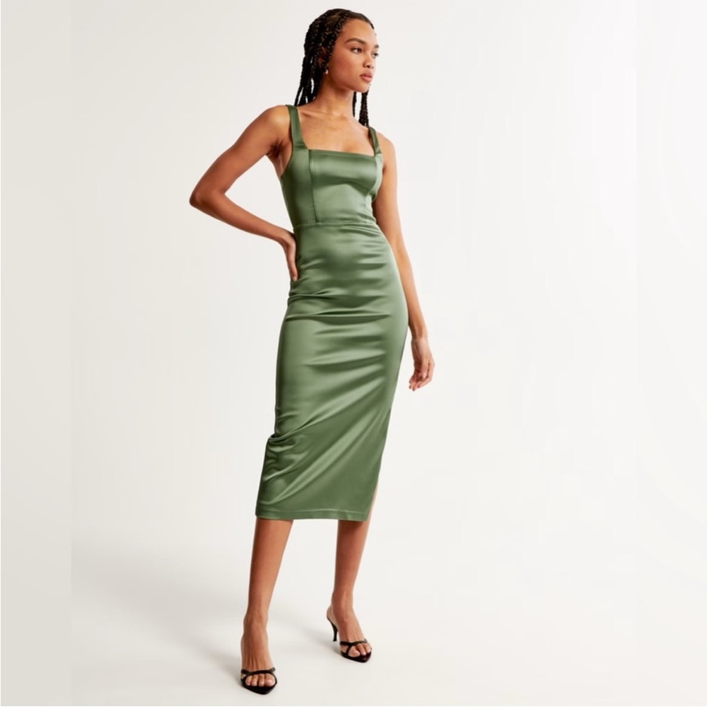 Abercrombie & Fitch Olive Green Satin Midi Dress